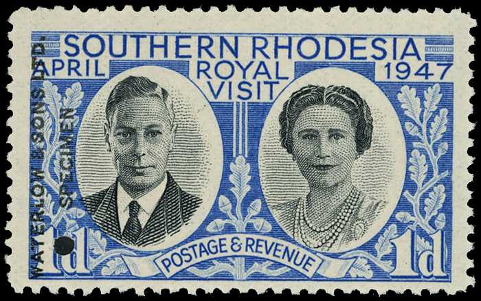 1947 1d Royal Visit in unissued colours of black and blue, punched and overprinted WATERLOW & SONS LTD/ SPECIMEN, unmounted...