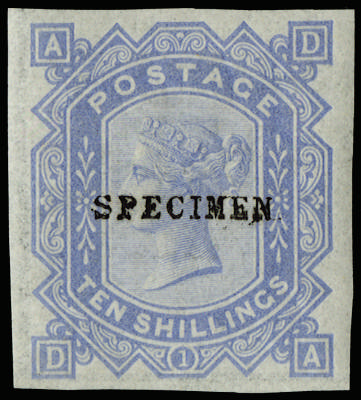 Great Britain 1878 10s Colour trial Pl.1. Very fine imperforate example lettered DA printed on gummed watermarked …