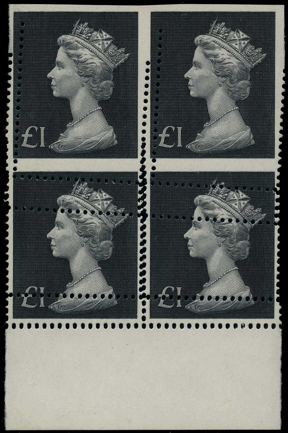 1972 £1 bluish black, bottom marginal block of...