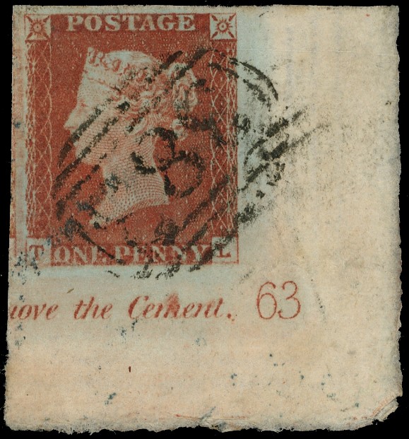 1841 1d Red-brown Pl.63. Corner marginal plate...