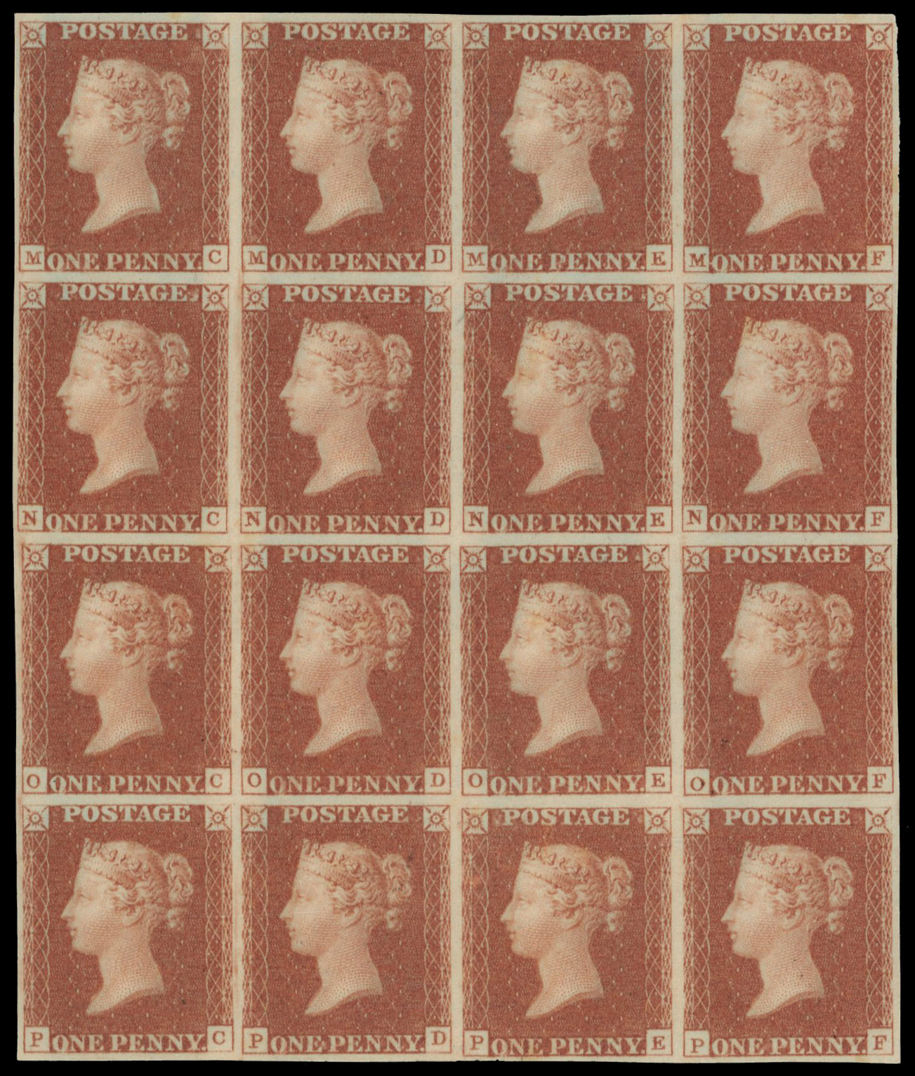 GB 1841 1d red from black plates, Plate 10, mint block of sixteen