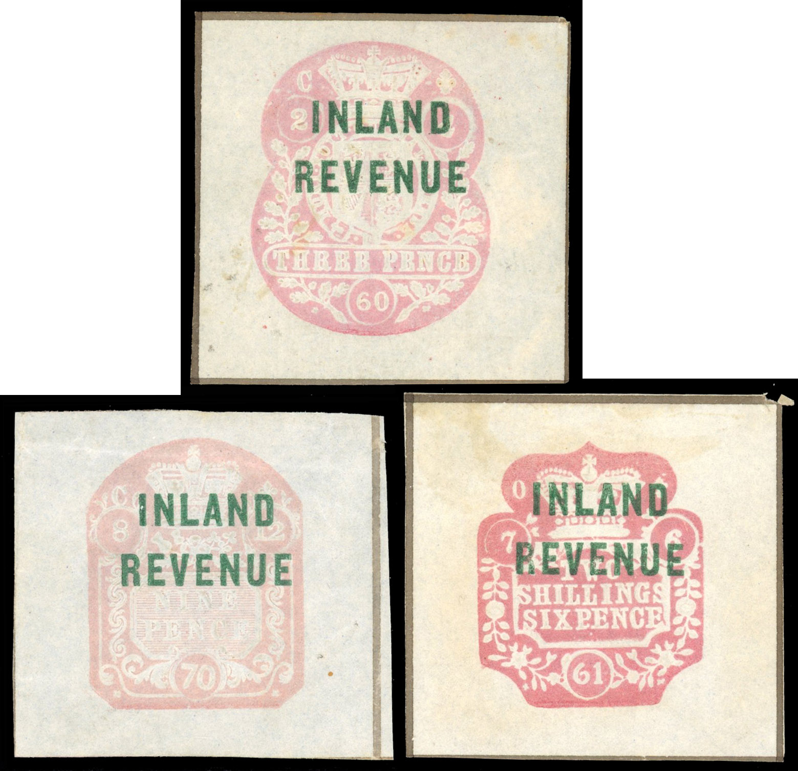 GB Postal Fiscals SG 29, 33, 38 1860-71 3d, 9d, 2s6d pink imperforate mint