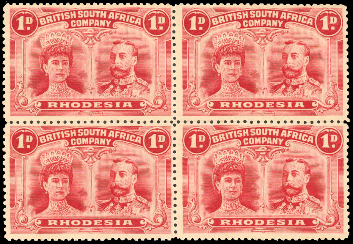 Rhodesia 1910-13 1d rose-red perf 14 block of 4