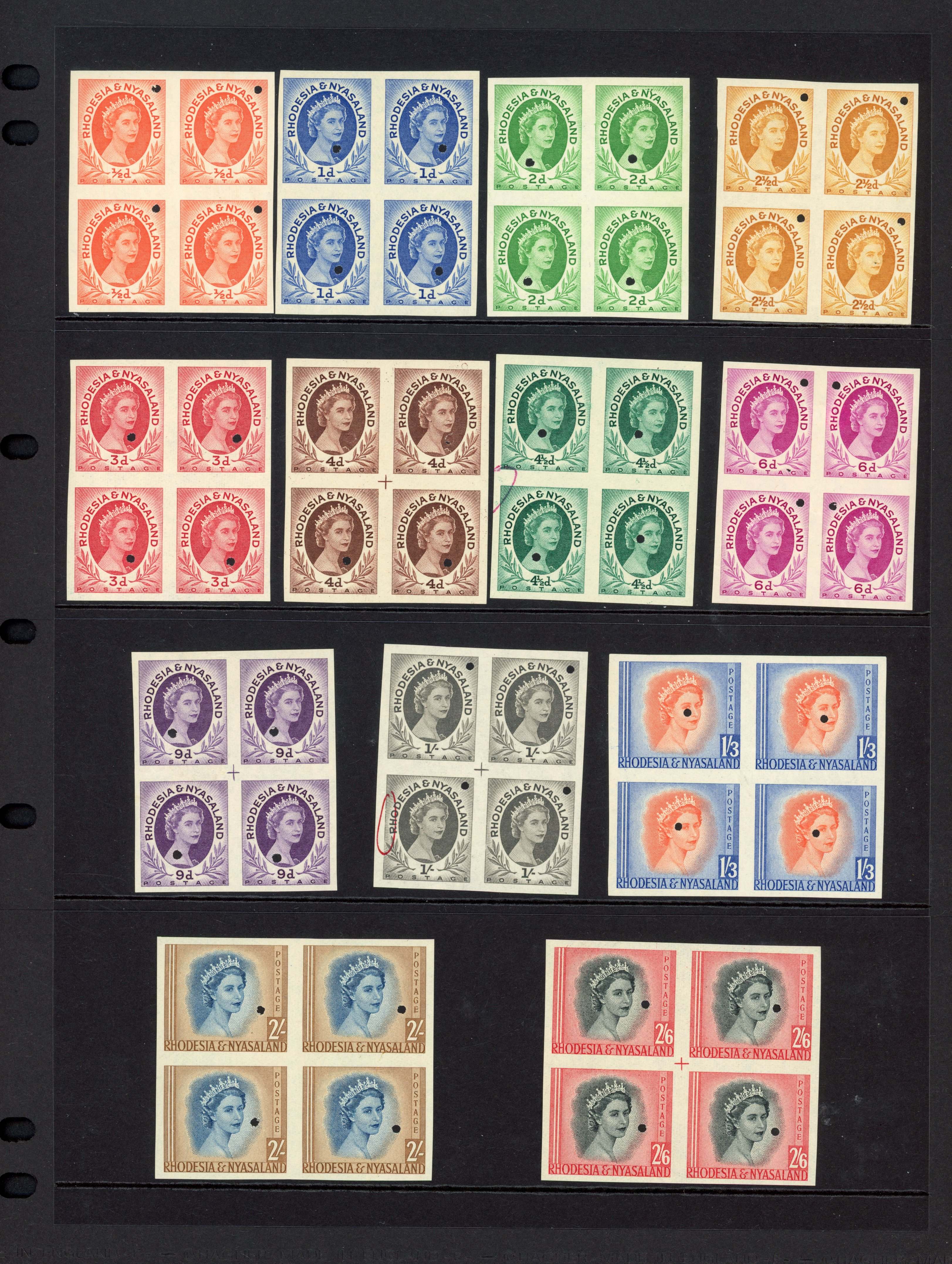 Rhodesia and Nyasaland 1954-56 plate proof range