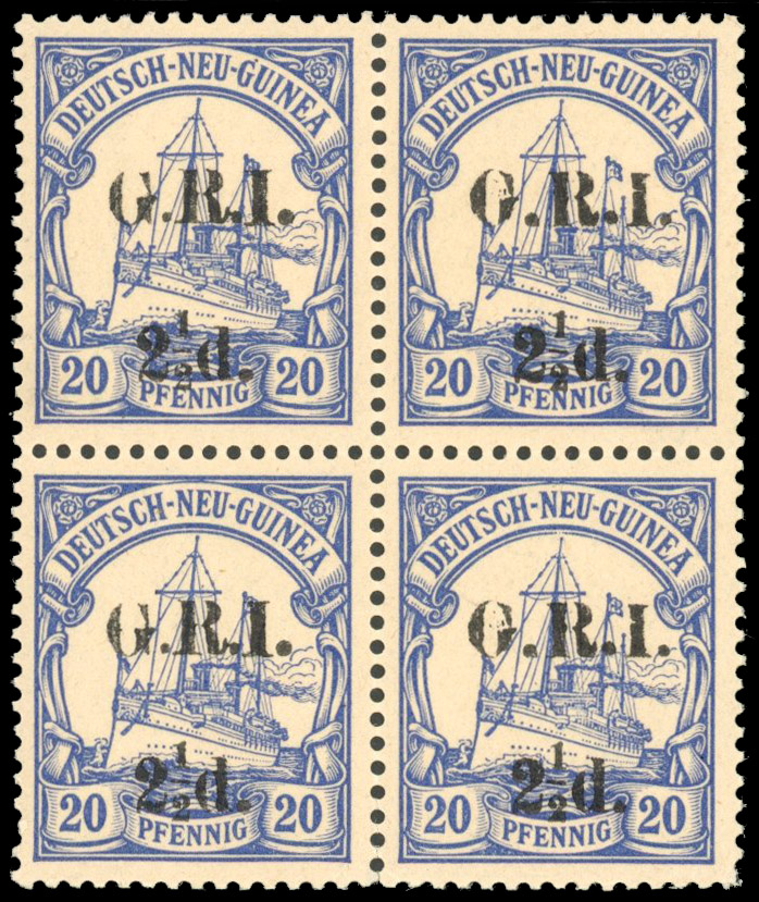 New Guinea 1914-15 2½d on 20pf ultramarine block of four, unmounted mint, SG 6
