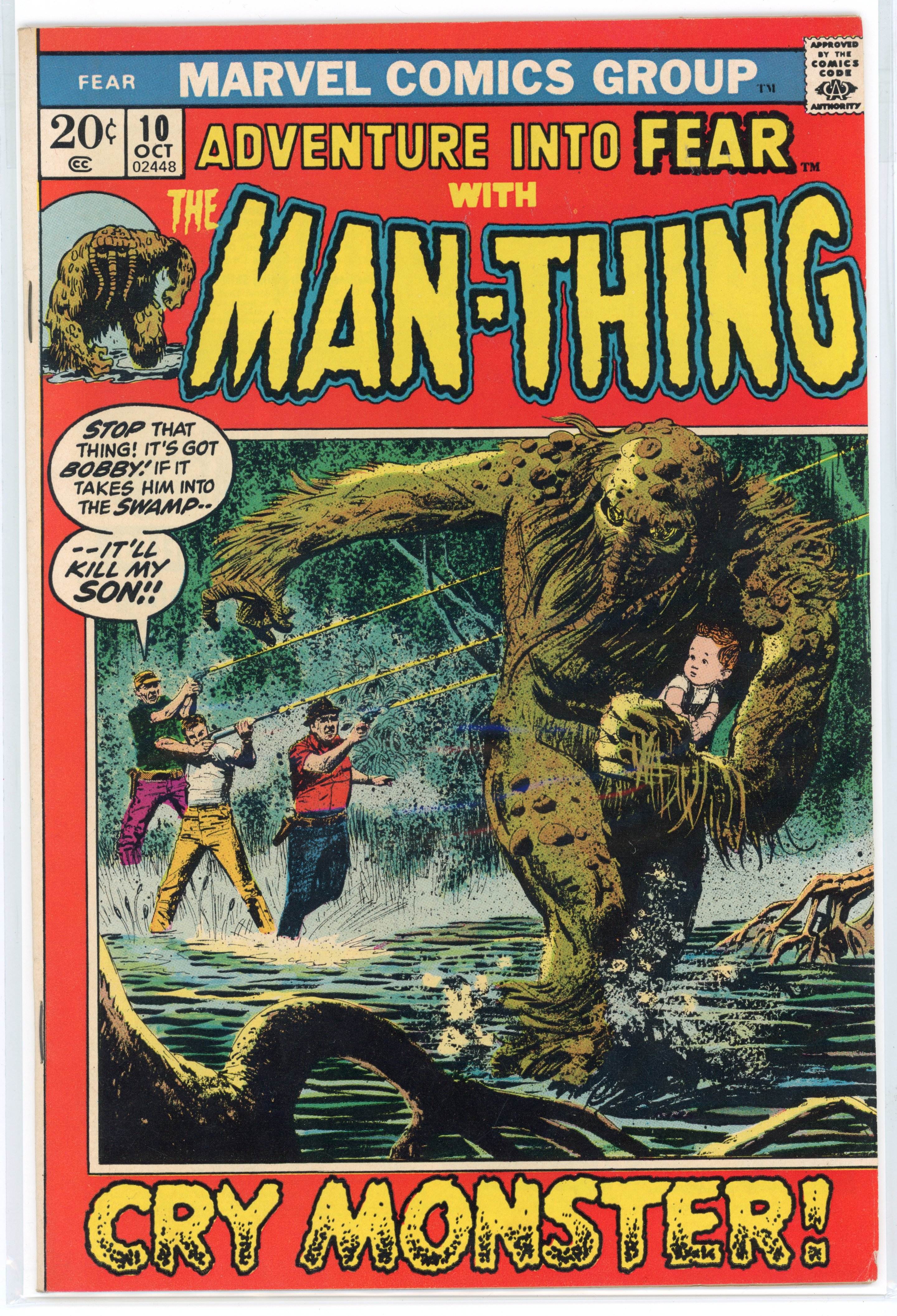 Fear #10 (Marvel Comics, 1972) Man-Thing begins his first solo series. Origin of Man-Thing retold