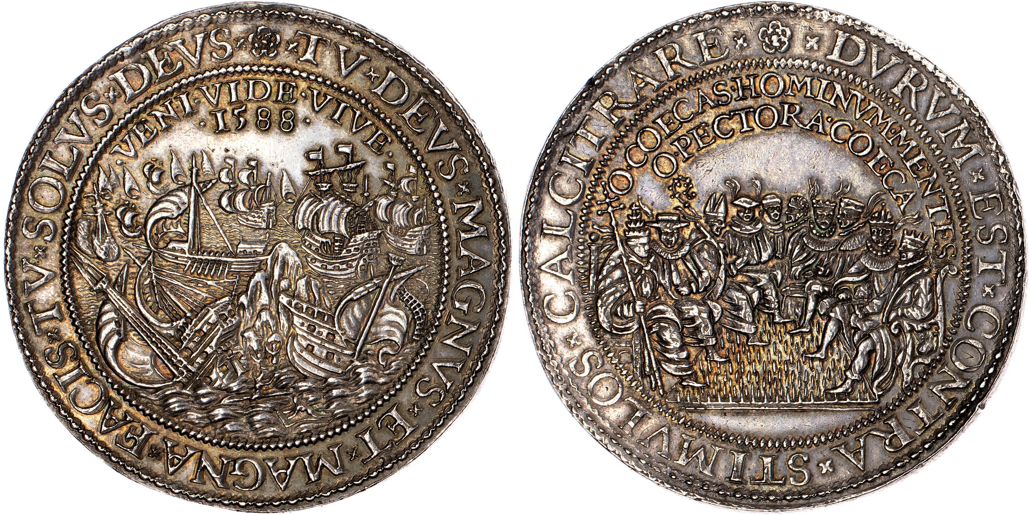 Elizabeth I, Defeat of the Spanish Armada, 1588. Silver medal by Gerhard van Bijlaer.