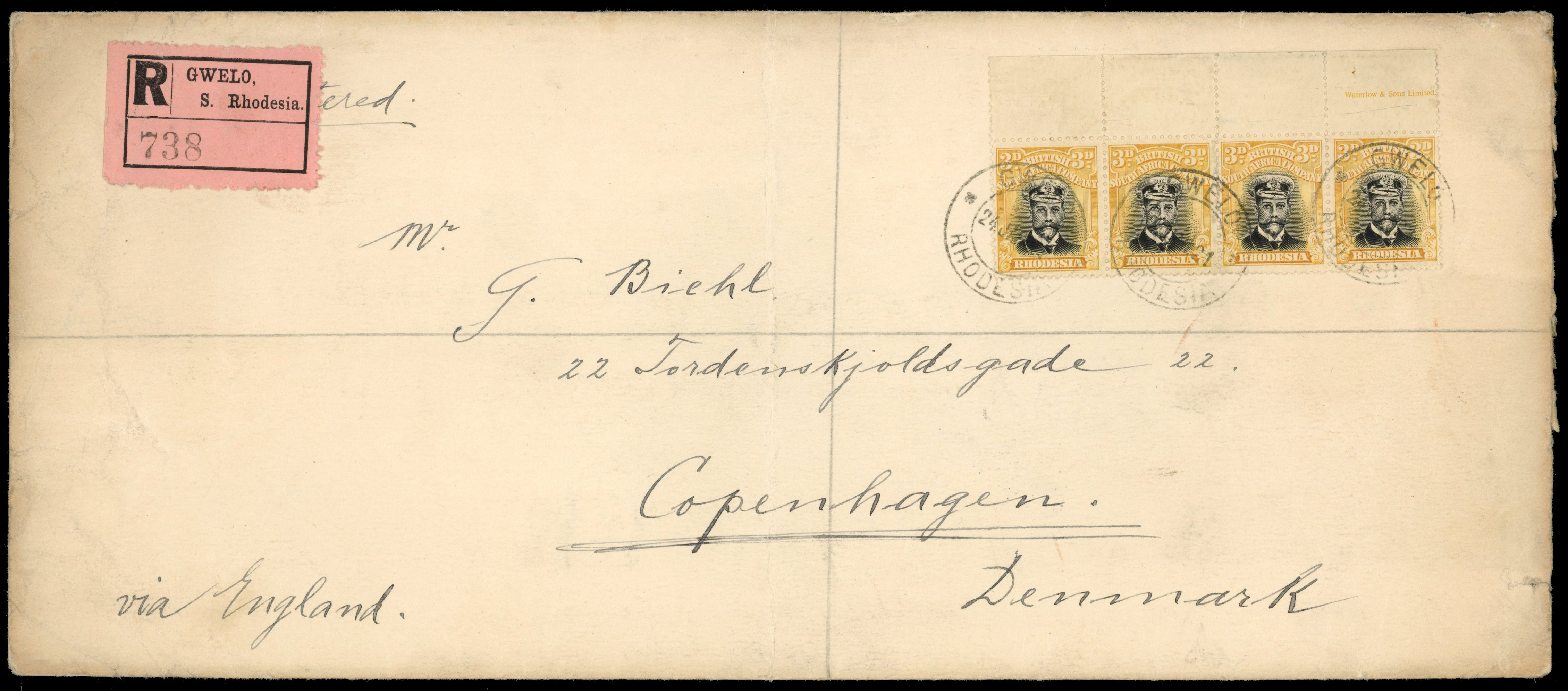 Rhodesia 1921 registered long cover to Copenhagen