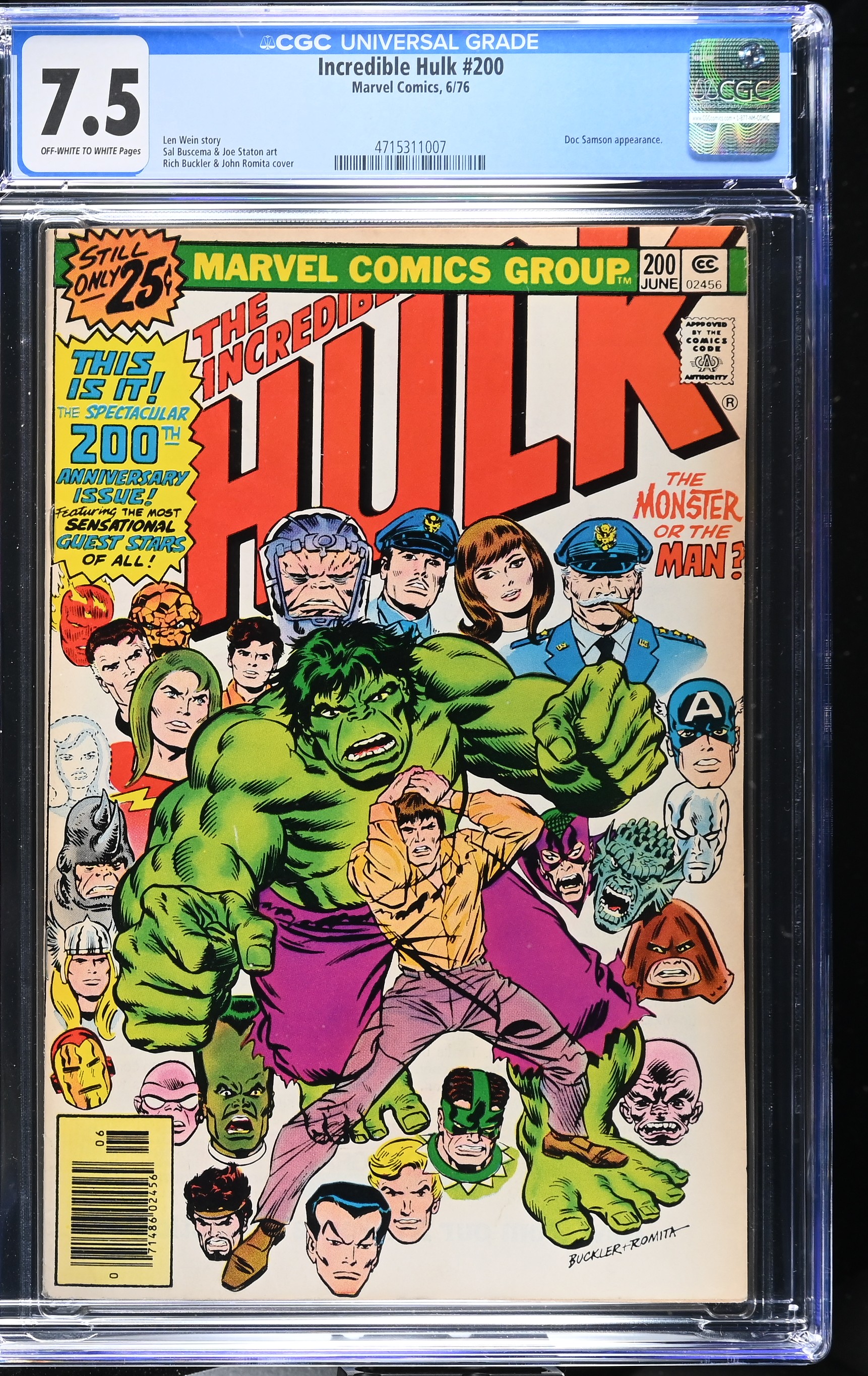 Incredible Hulk #200 CGC 7.5 200th Anniversary Issue (Marvel Comics, 1976) Off-White to White Pages