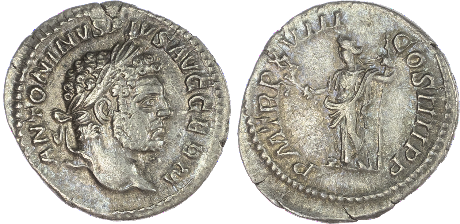 Caracalla (AD 198-217) AR Denarius, Rome, AD 215, 2.32g. ANTONINVS PIVS AVG GERM, laureate head of Caracalla facing right.