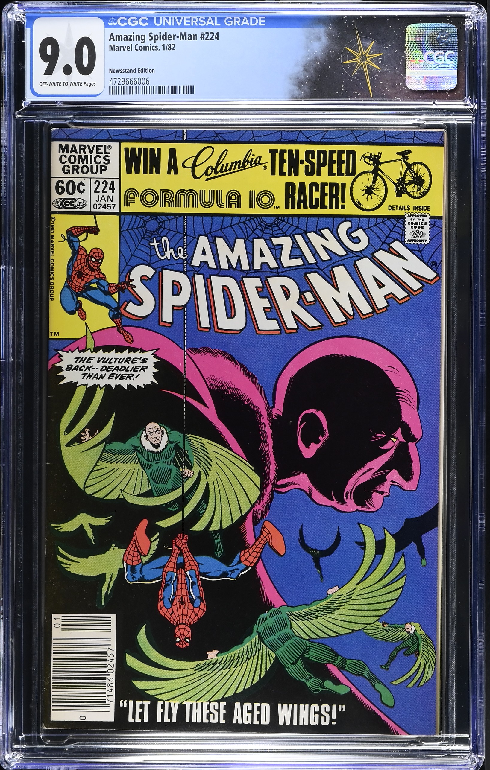 Amazing Spider-Man #224 CGC 9.0 Vulture Cover Newsstand Edition (Marvel Comics, 1982) Off-White to White Pages