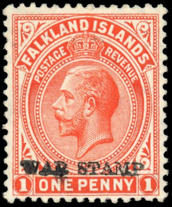 Falkland Islands 1918-20 1d orange-vermilion doubling of the overprint as a result of a kiss-print, SG 71c var