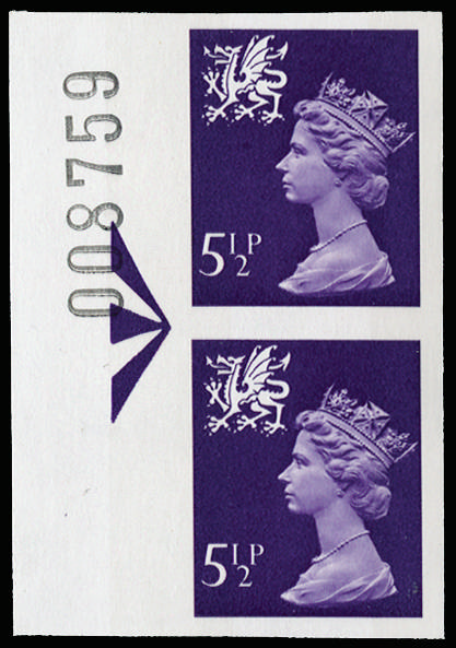 GB 1974 5½p Violet (Wales, 2 bands). Superb unmounted o.g left hand marginal vertical pair… SGW20var