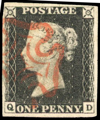 1840 1d black, Plate 4 (QH), close to large margins, cancelled by neat red Maltese Cross. SG 2