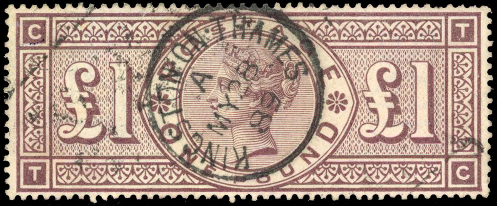 GB: 1888 £1 brown-lilac, watermark Three Orbs, Kingston On Thames cds ‘MY 28/89’, a few short/blunt perfs still a