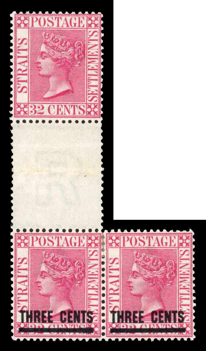 Straits Settlements 1892-94 3c on 32c carmine-rose interpane pair with ERROR SURCHARGE OMITTED, SG 94a