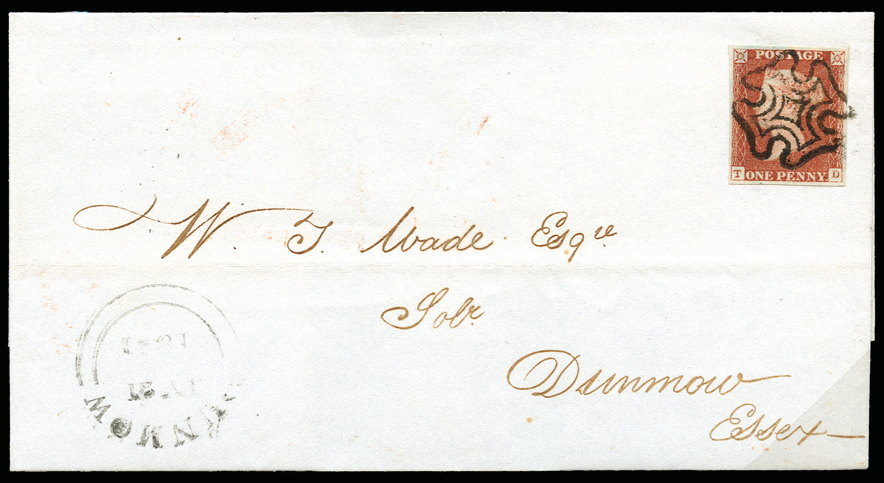 1841 1d Red brown Pl.5. (State 2) on wrapper SG7, Spec. AS33