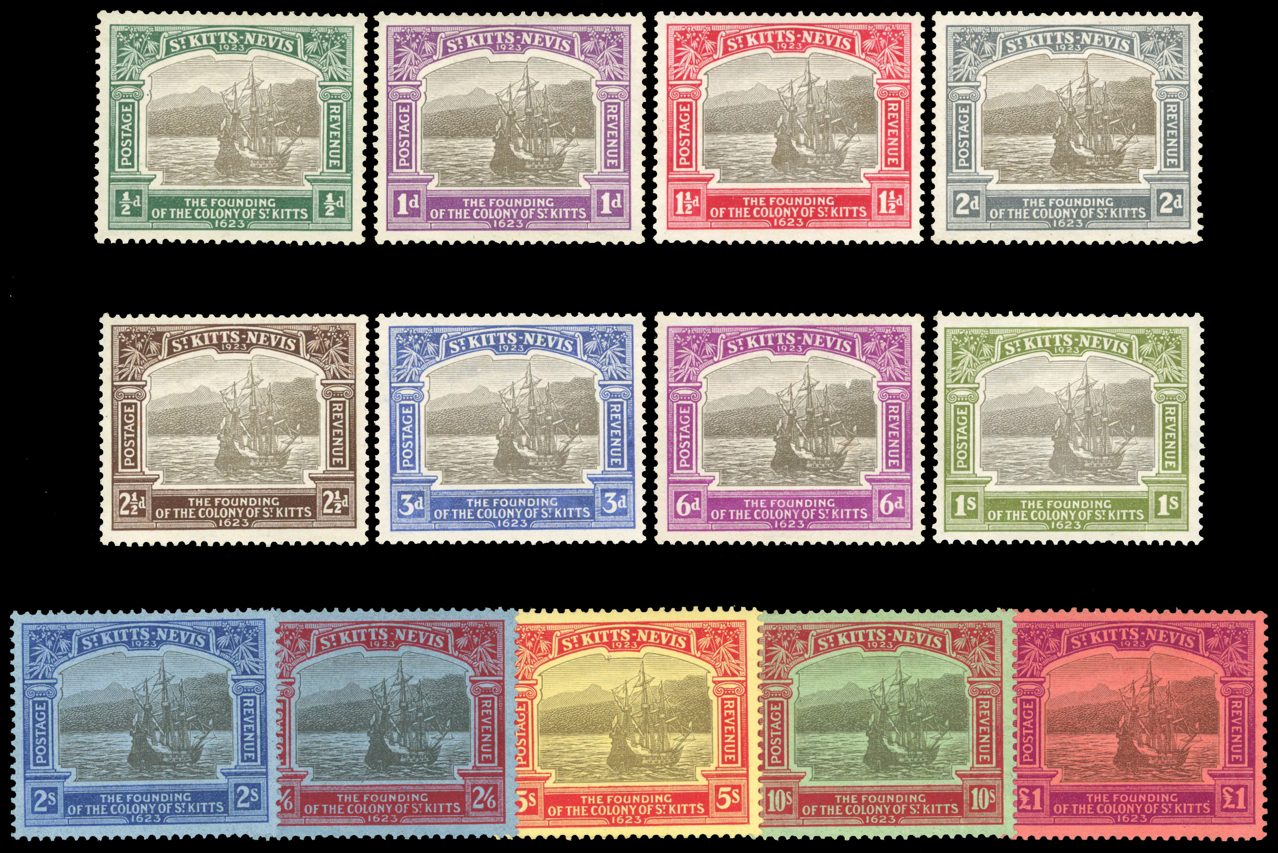 St. Kitts - Nevis, Tercentenary set to £1, large part O.G. SG 48-60