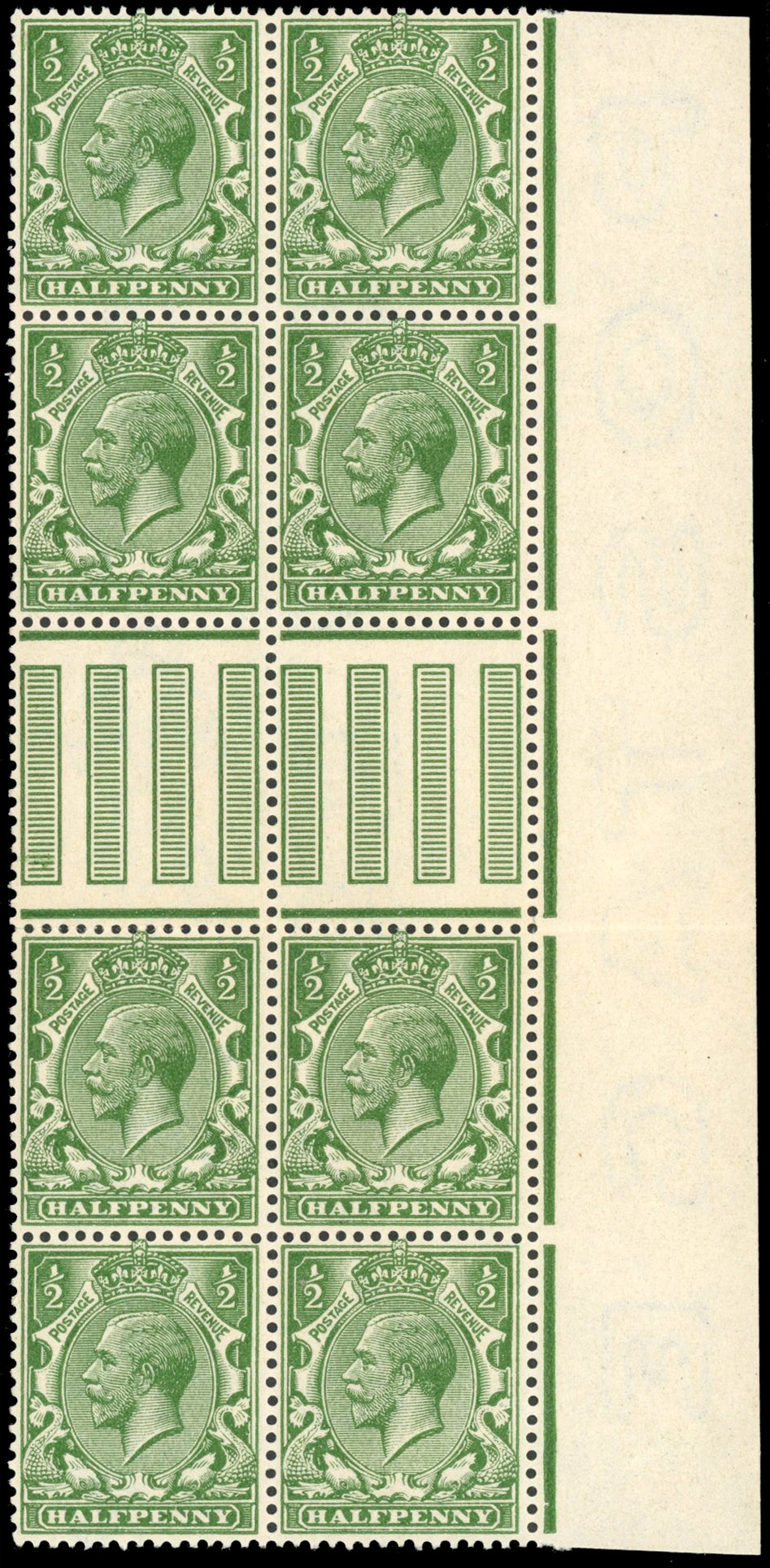 GB 1912-24 ½d complete ‘POSTAGE’ watermark on stamps and ditto inverted in margin Spec. N14(7)yc