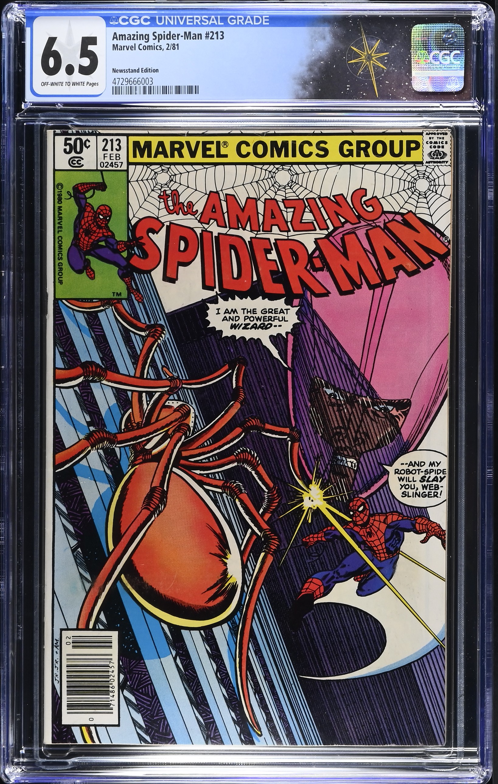 Amazing Spider-Man #213 CGC 6.5 Cover by John Romita Jr. Newsstand Edition (Marvel Comics, 1981) Off-White to White Pages