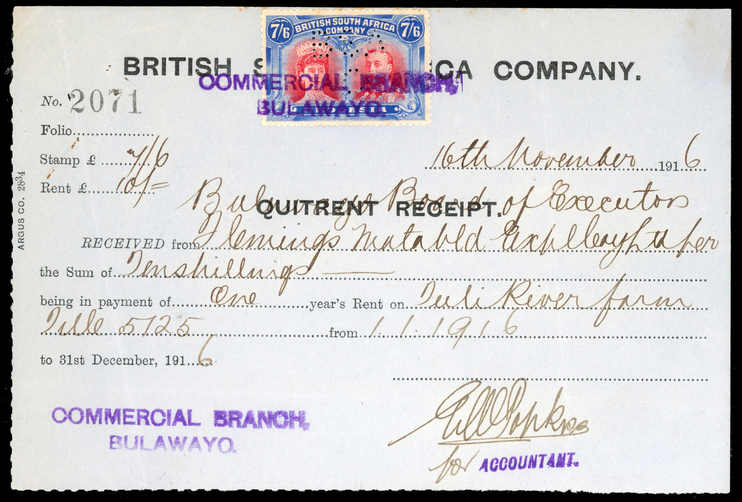 Rhodesia Revenue 7/6d carmine and bright blue on Quitrent Receipt