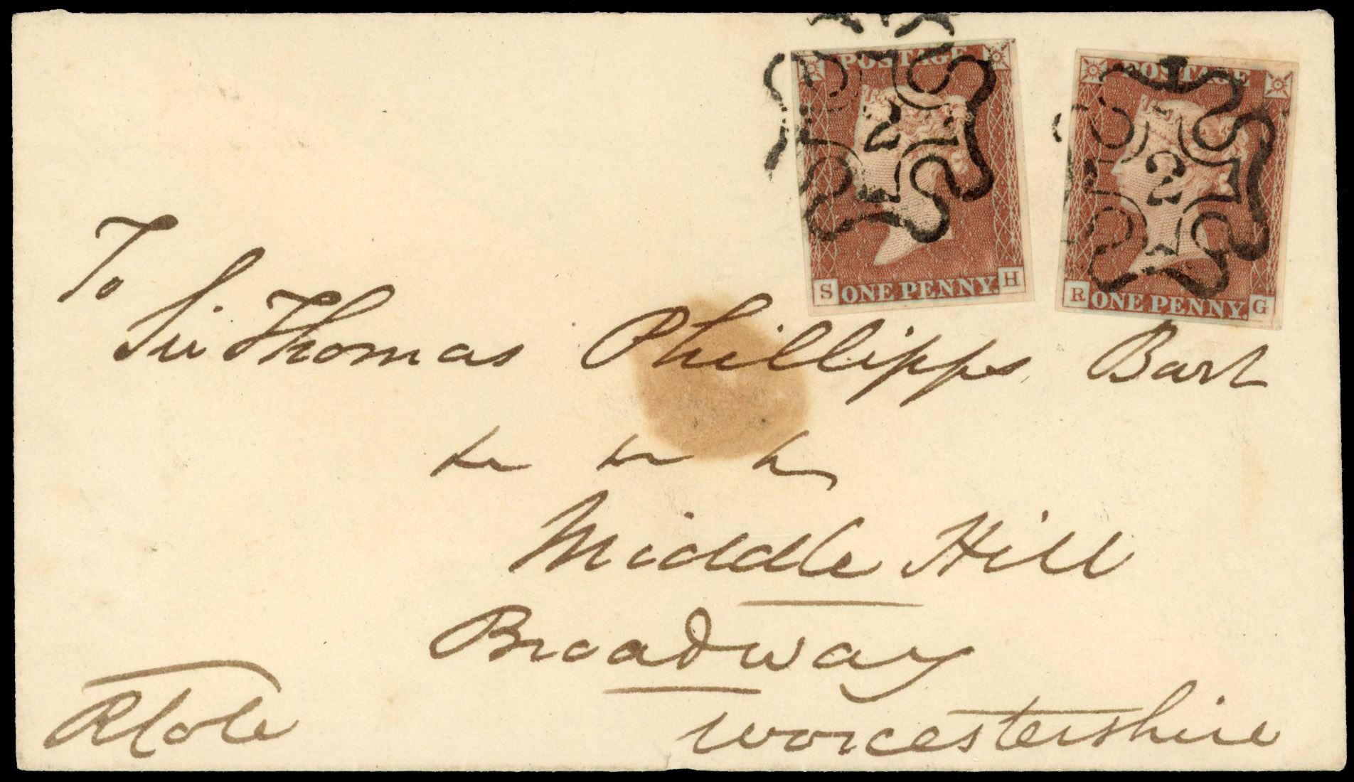 GB 1841 1d red-brown two on cover, upright strikes of '2' in Cross