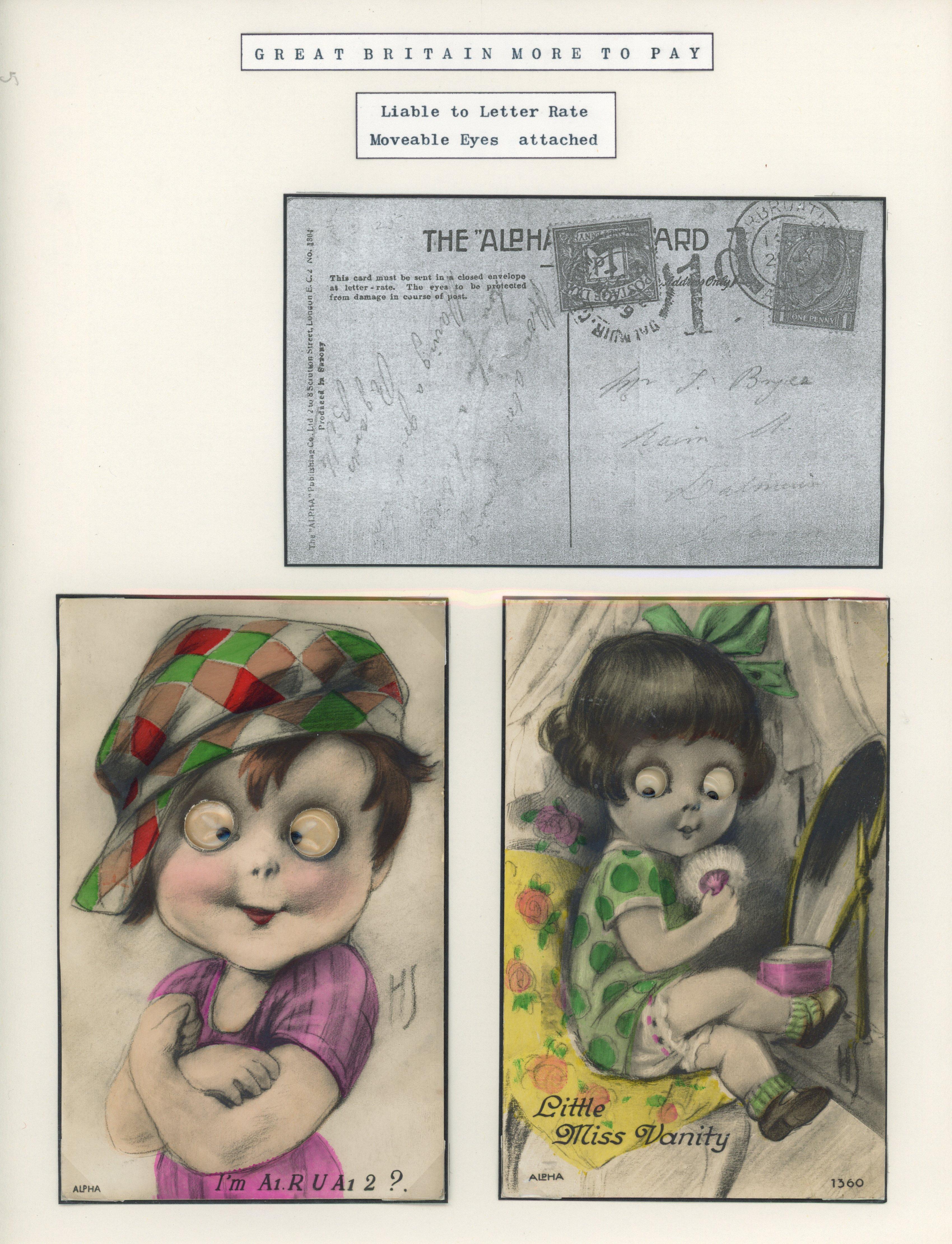 Great Britain 1926-31 pair of novelty postcards with googly eyes