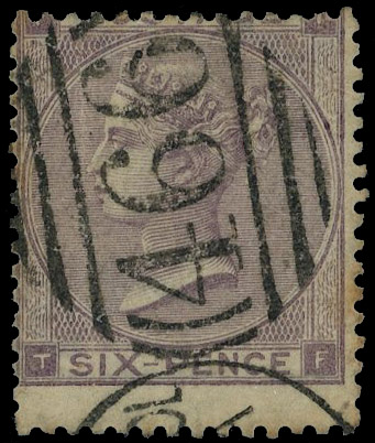 1862 6d lilac Pl.3. Fine used example lettered TF showing watermark variety ‘Shamrock bit missing’, neatly cancelled by …