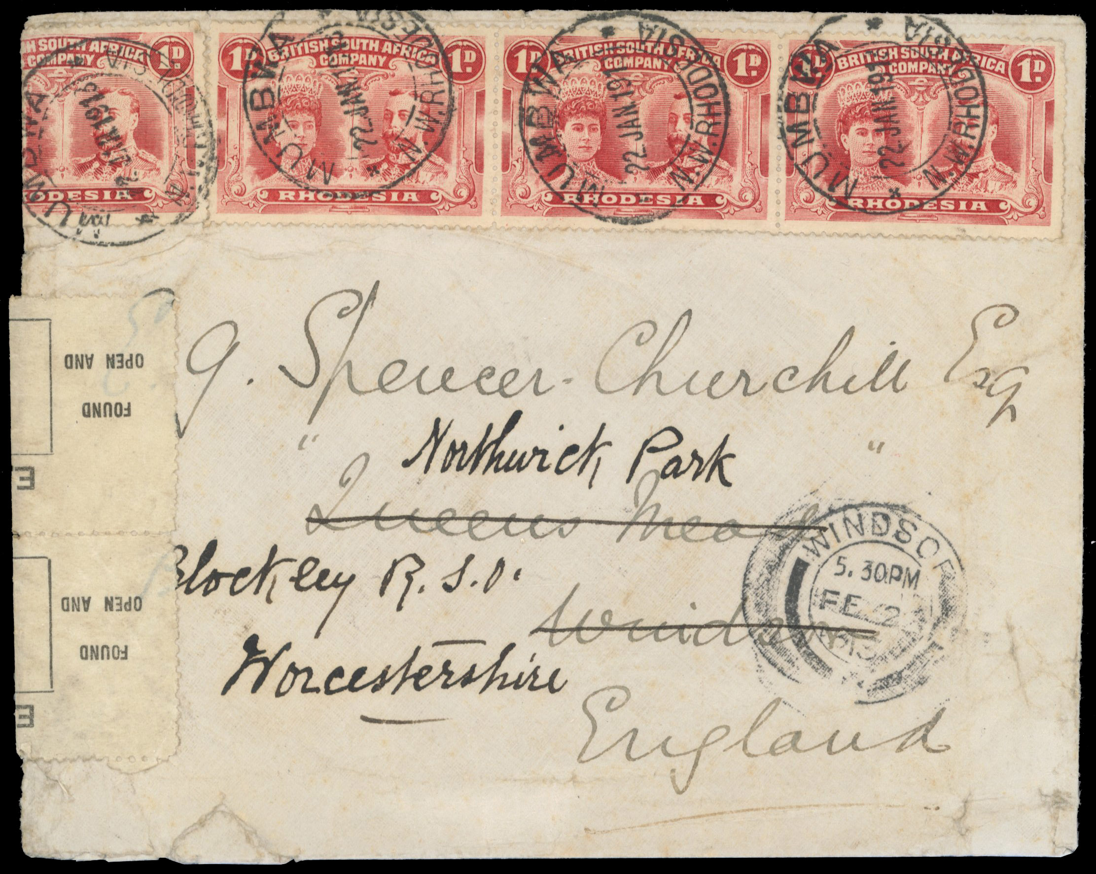 1d four on damaged and Officially Sealed cover to England