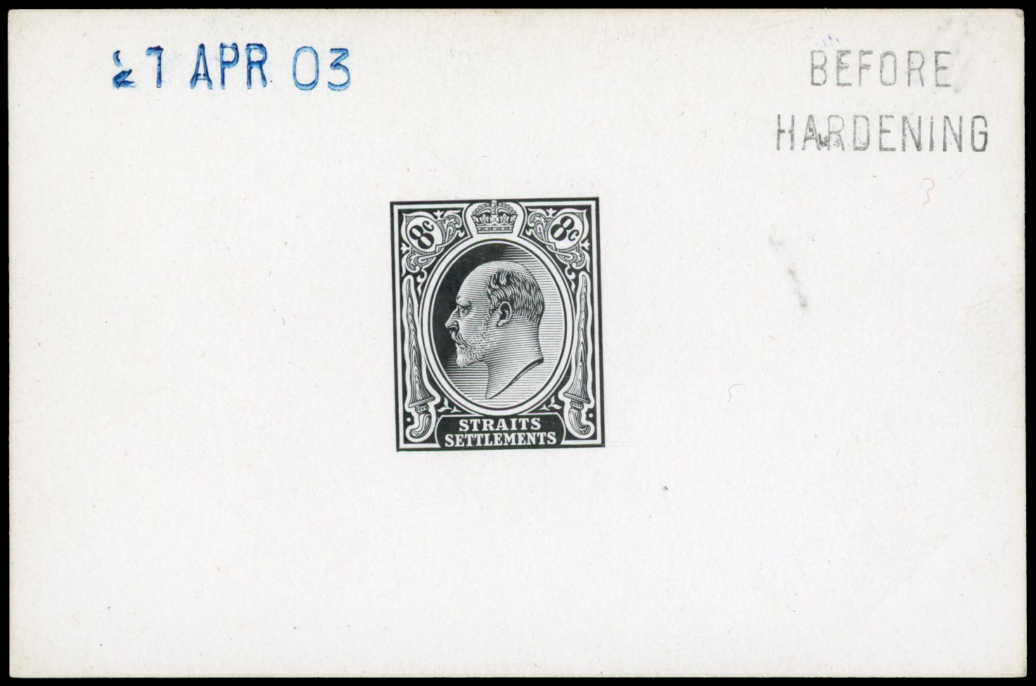 Straits Settlements 1903 8c die proof in black BEFORE HARDENING
