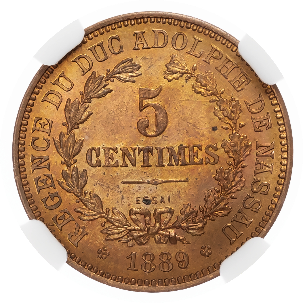 Luxembourg. Adolphus CU ESSAI 5 Centimes. 1889. 