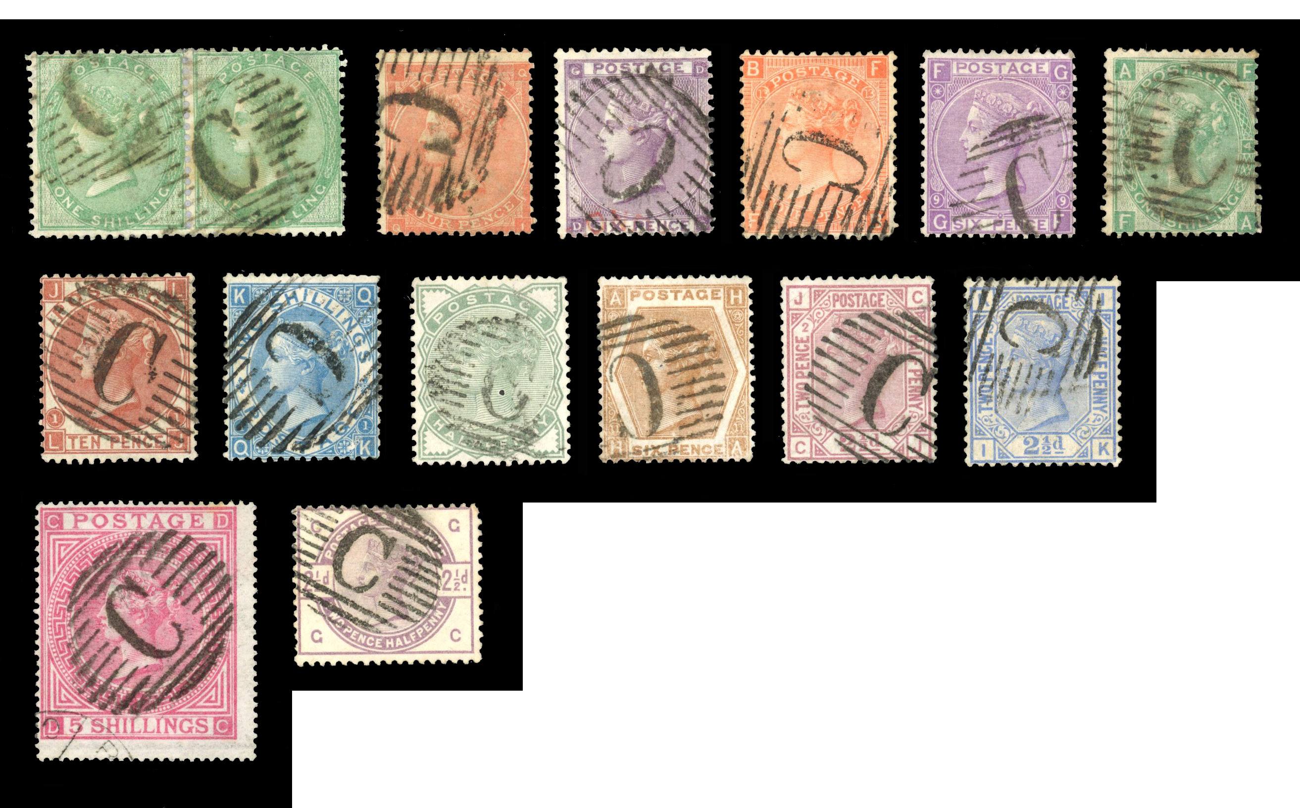 GB: POST OFFICES ABROAD: QV selection all bearing neat ‘barred C’ obliterator cancels