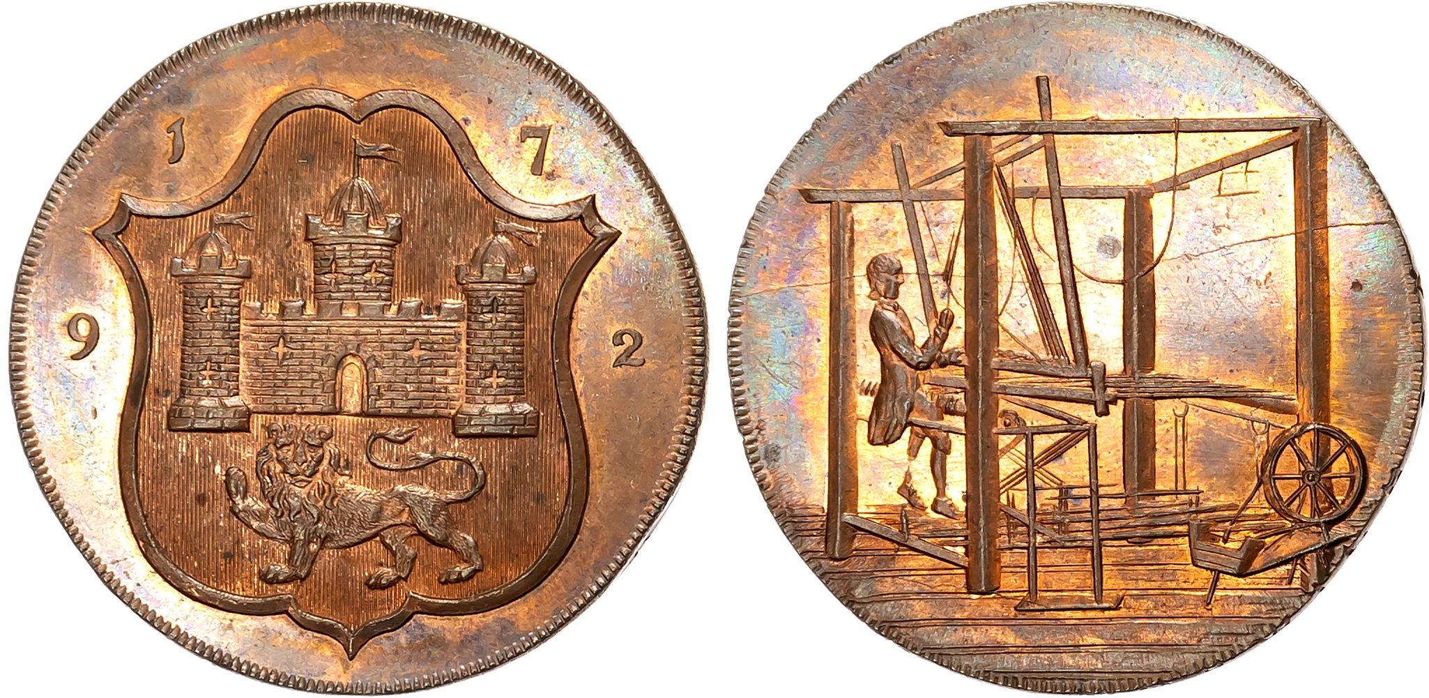 Norf. Norwich , John Harvey, (banker with interests in weaving) Halfpenny 1792, Arms of Norwich, rev. weaver in a box lo …