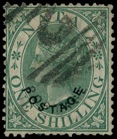 1870 1/- green doubly overprinted curved POSTAGE in black, used with '2' numeral cancel, fine save for some clipped perfs...