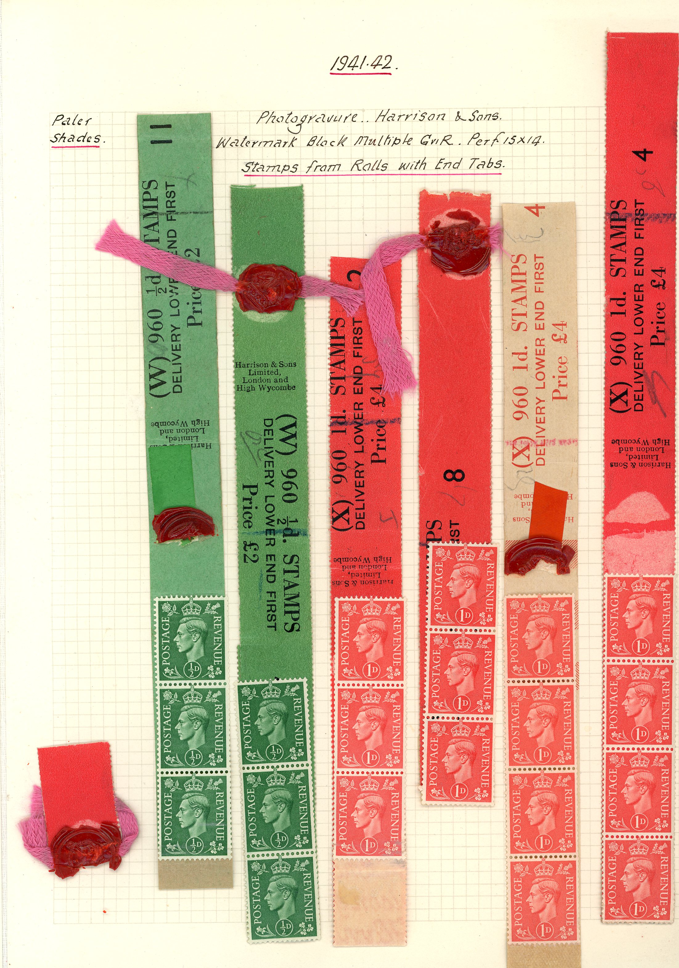 1941-42 ½d pale-green (2) and 1d pale scarlet (4) coil leaders.