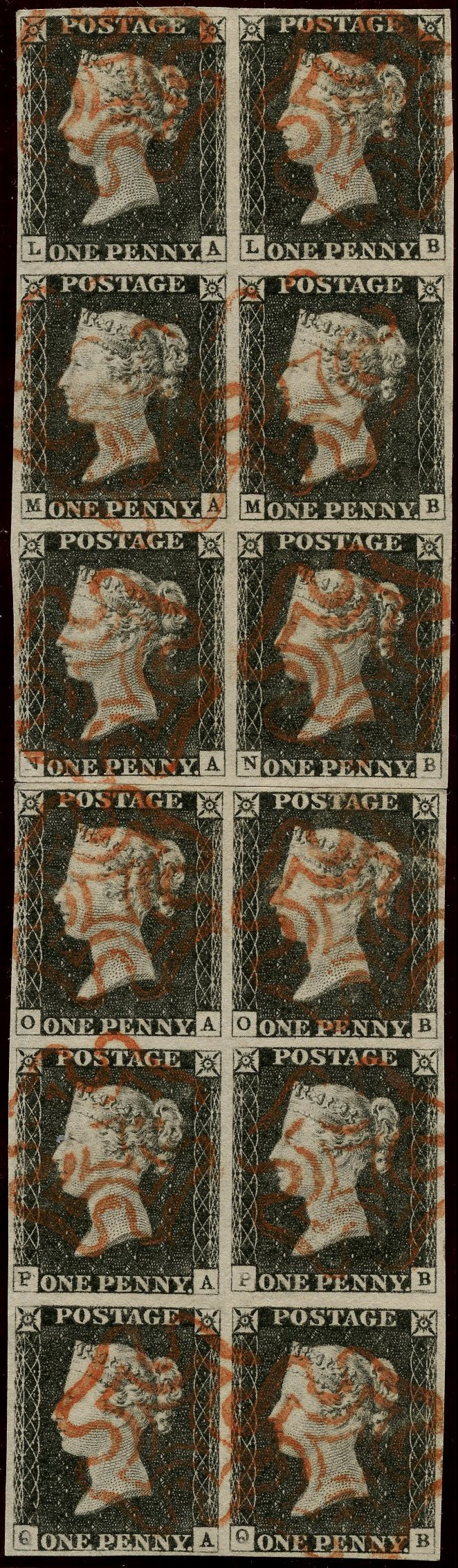 Great Britain 1d black used block of 12 SG 2 