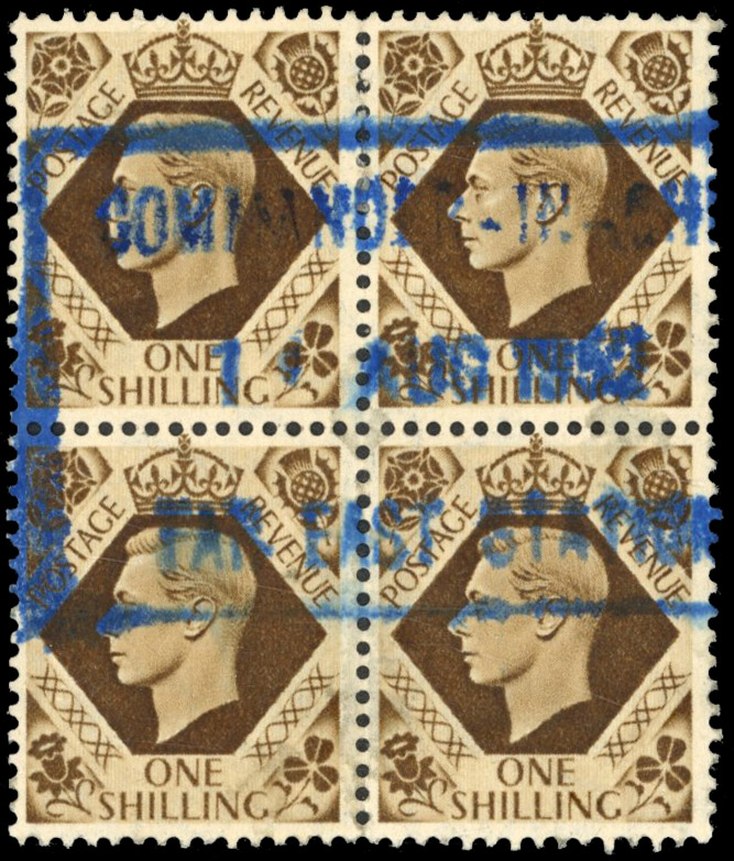 GB SG 475 1939 1s block used with unusual cancel