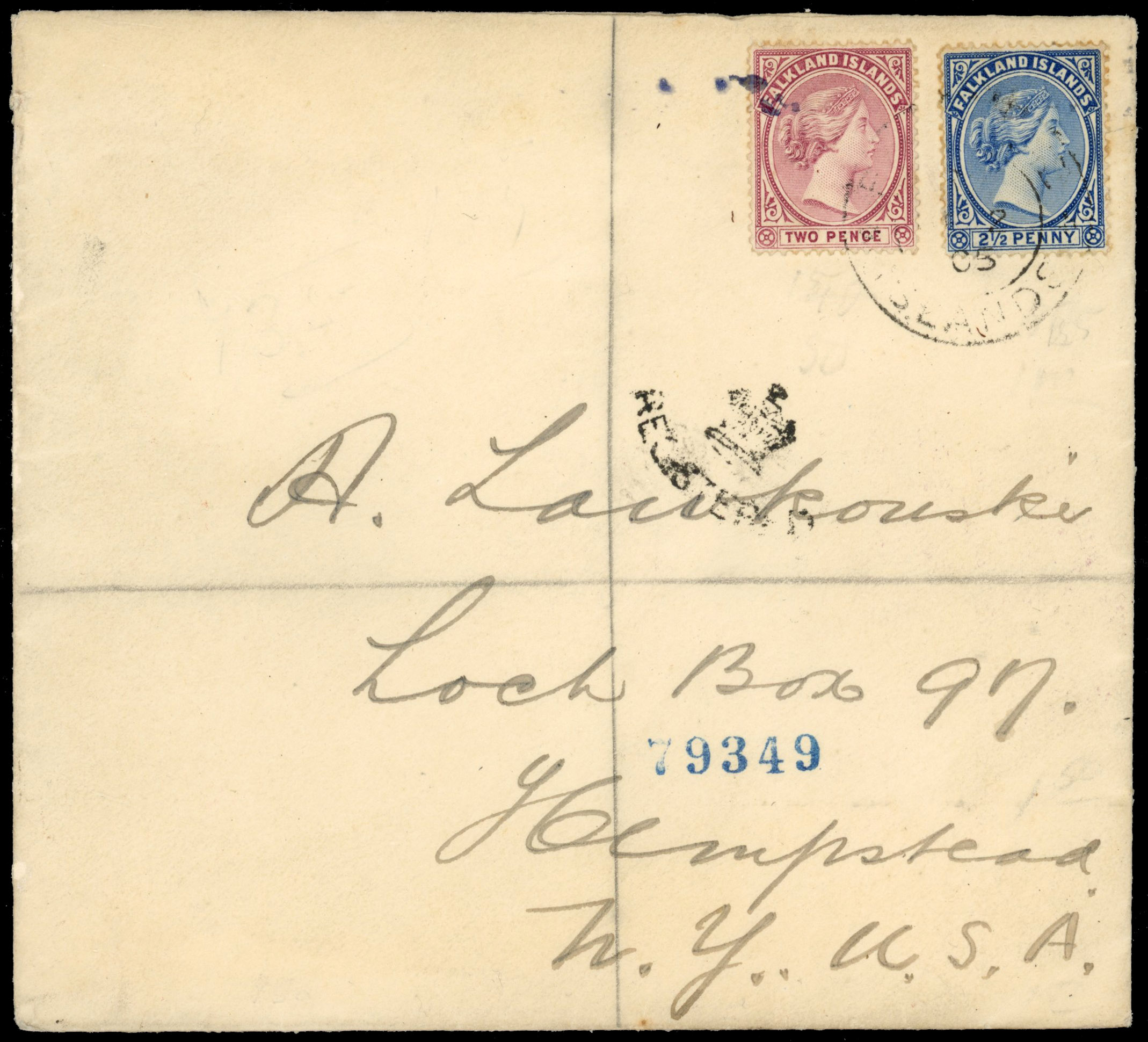 Falkland Islands SG 25, 30 on 1905 registered cover to the USA