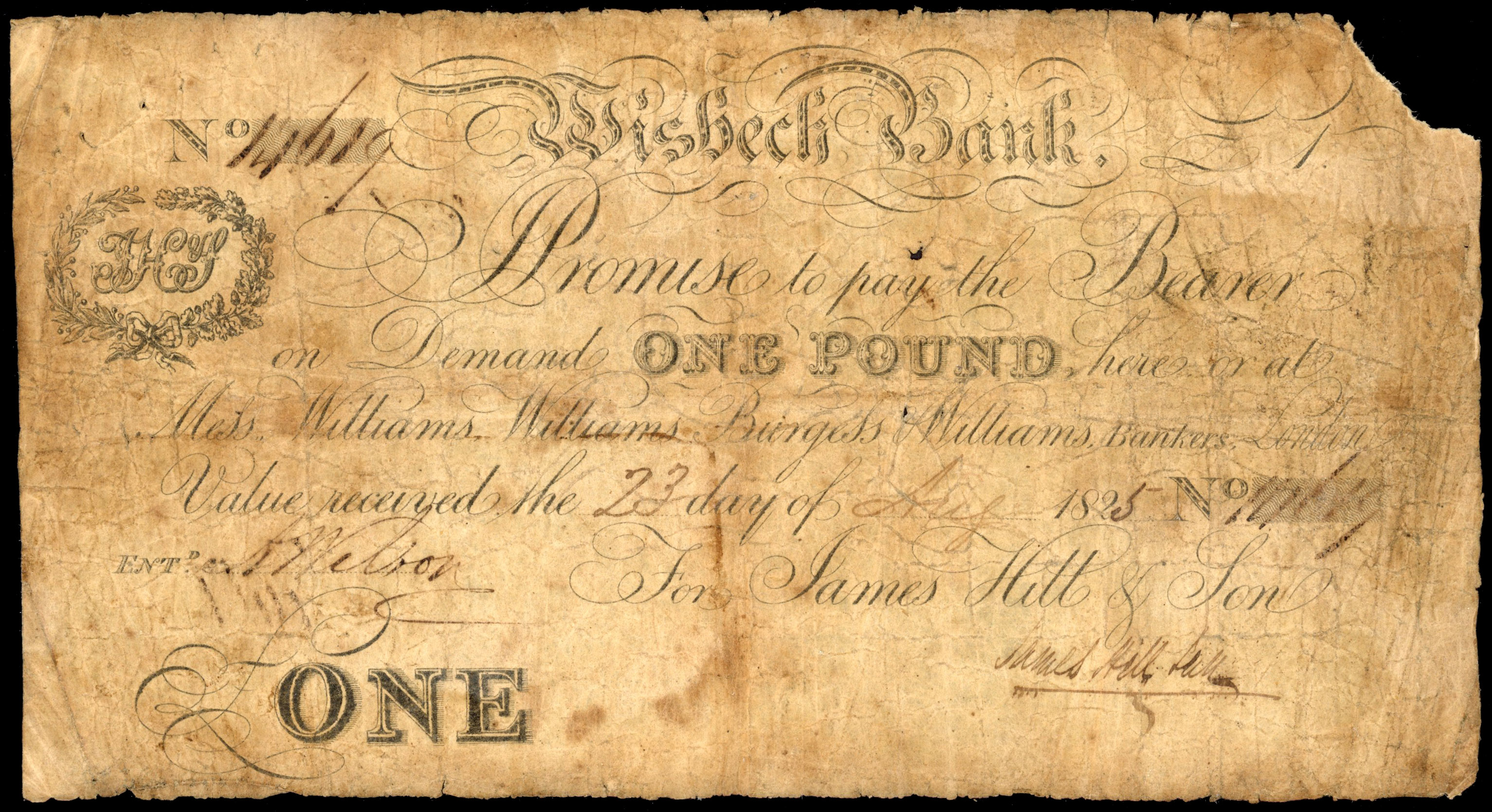 WISBECH, Wisbech Bank, for James Hill & Son, £1.,23 August 1825, serial number 14619, James Hill signature, (O…