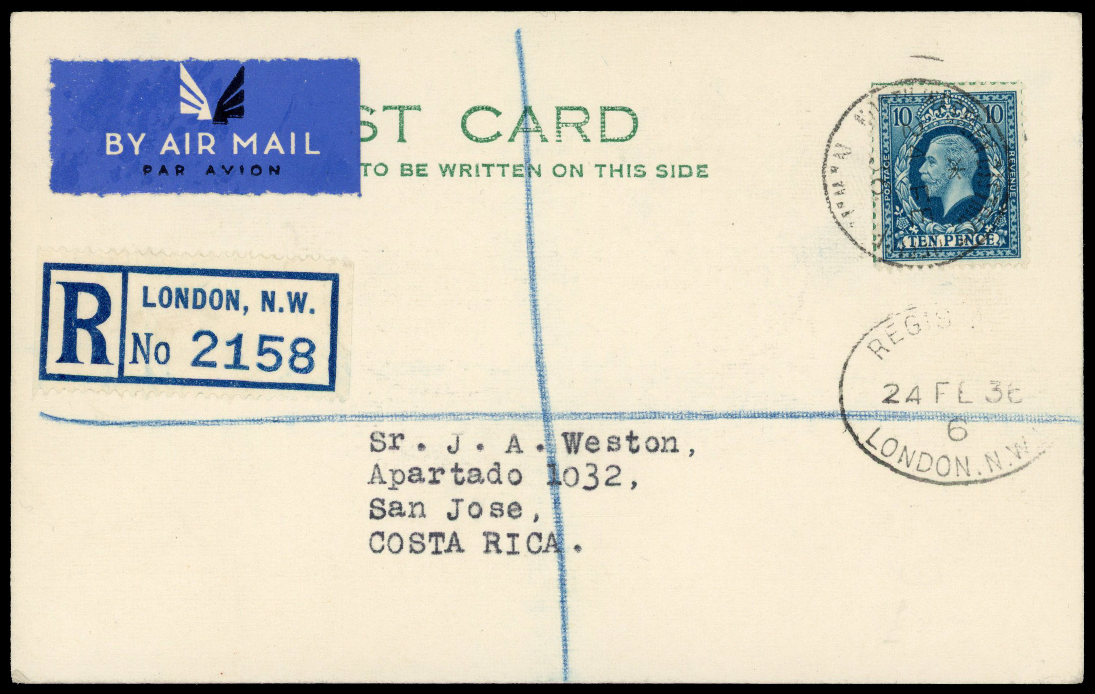 1924 10d Turquoise-blue "Photogravure". Superb used example on registered postcard FDC