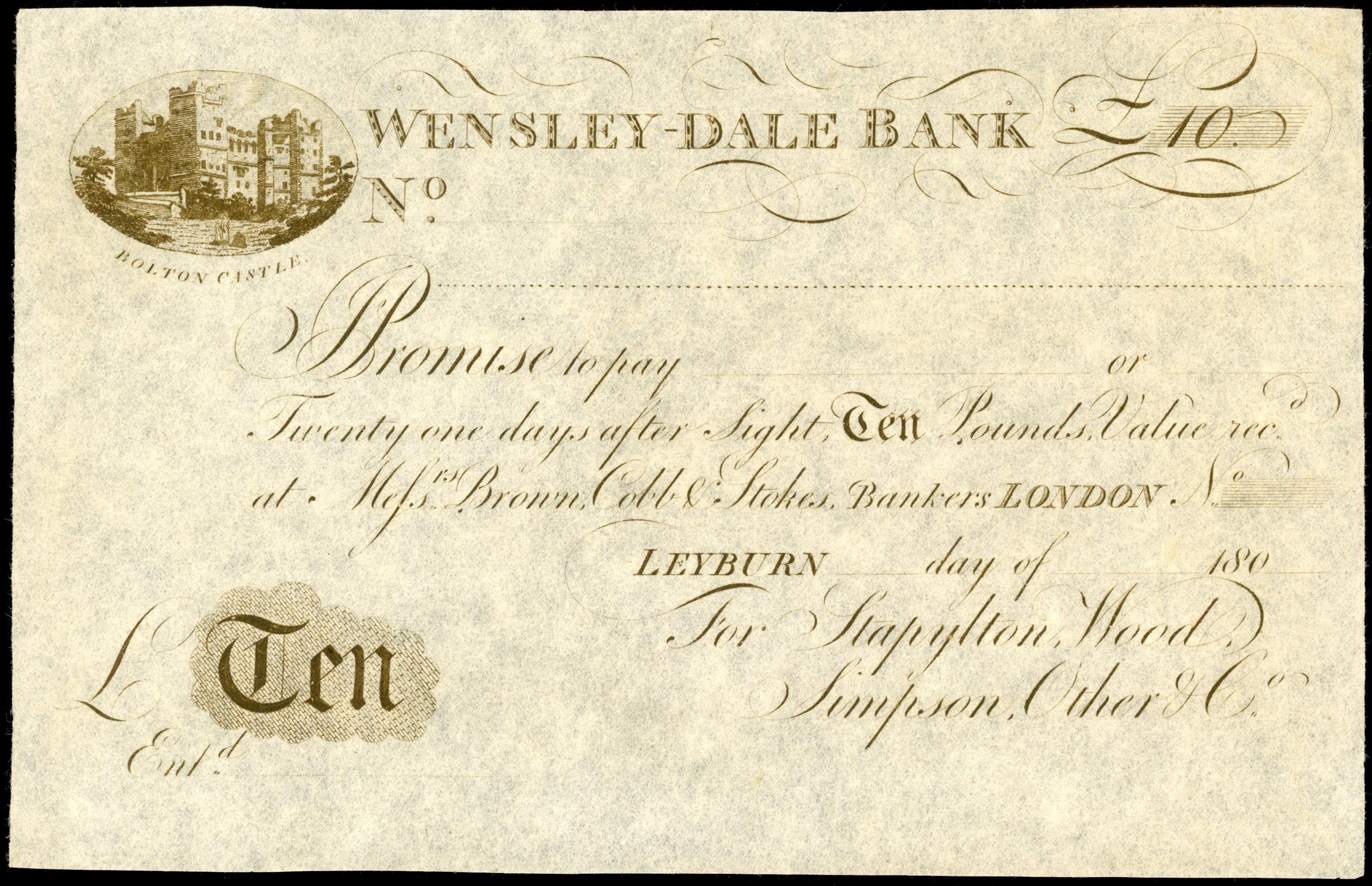 LEYBURN, Wensley-Dale Bank for Stapylton, Wood, Simpson, Other & Co., Unissued £10.,180-, vignette of Bolton C…