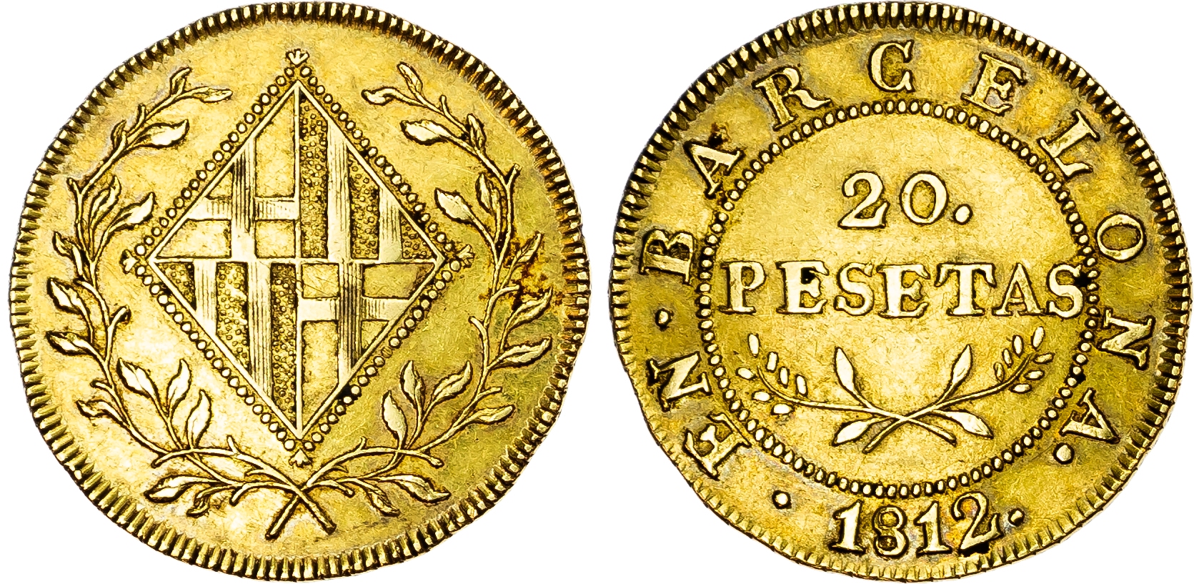 Spain, Napoleonic Occupation. Joseph-Napoléon Bonaparte AV 20 Pesetas. Barcelona mint, 1812. 