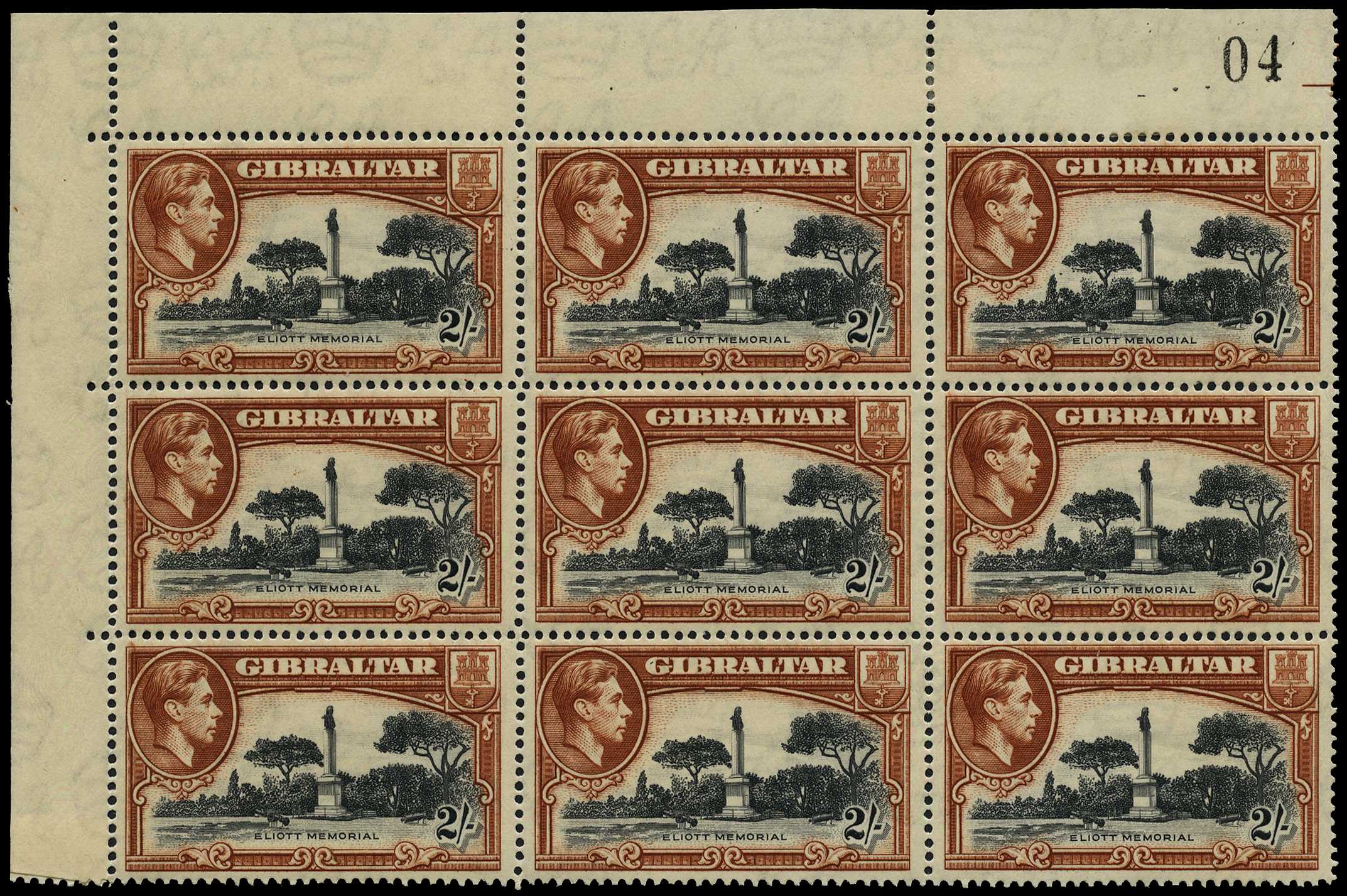 1938 2/- black and brown perf 14, top left...