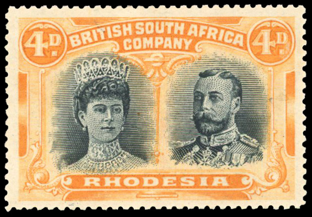 Rhodesia 1910-13 4d blue-black and yellow-orange perf 15