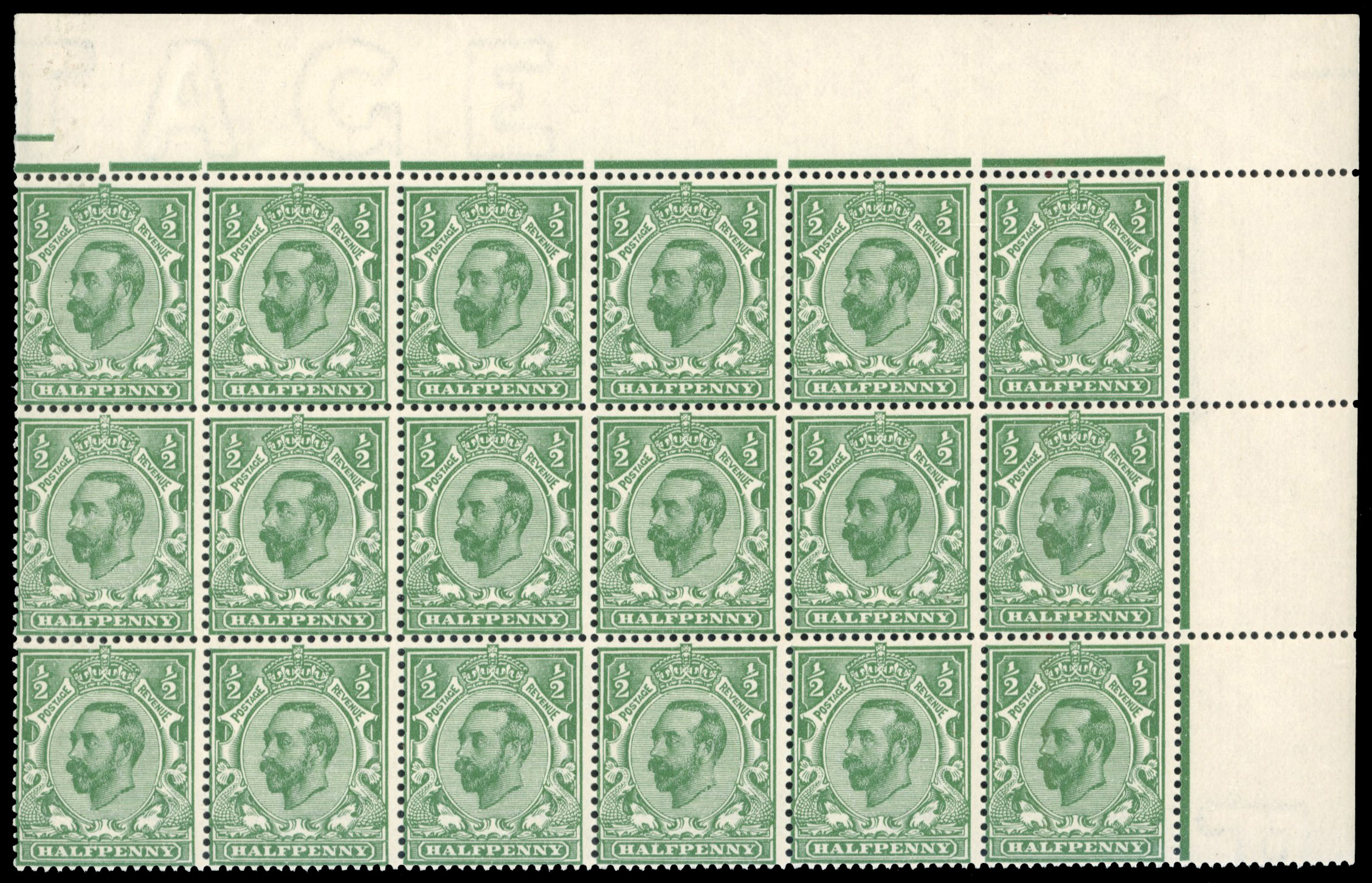 1911 Downey Head 1/2d bluish green block of 18 