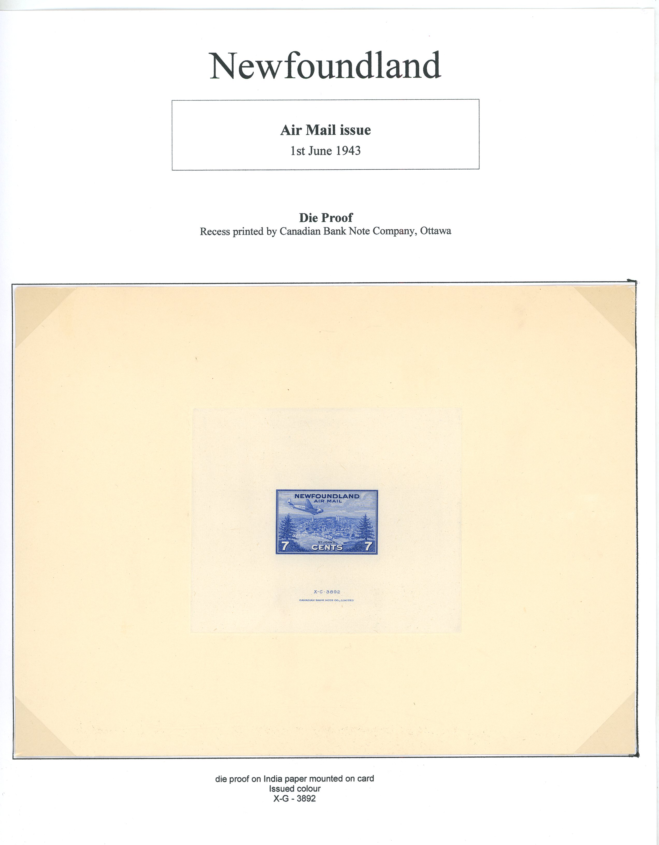 Newfoundland 1943 Air 7ct die proof in ultramarine. SG...