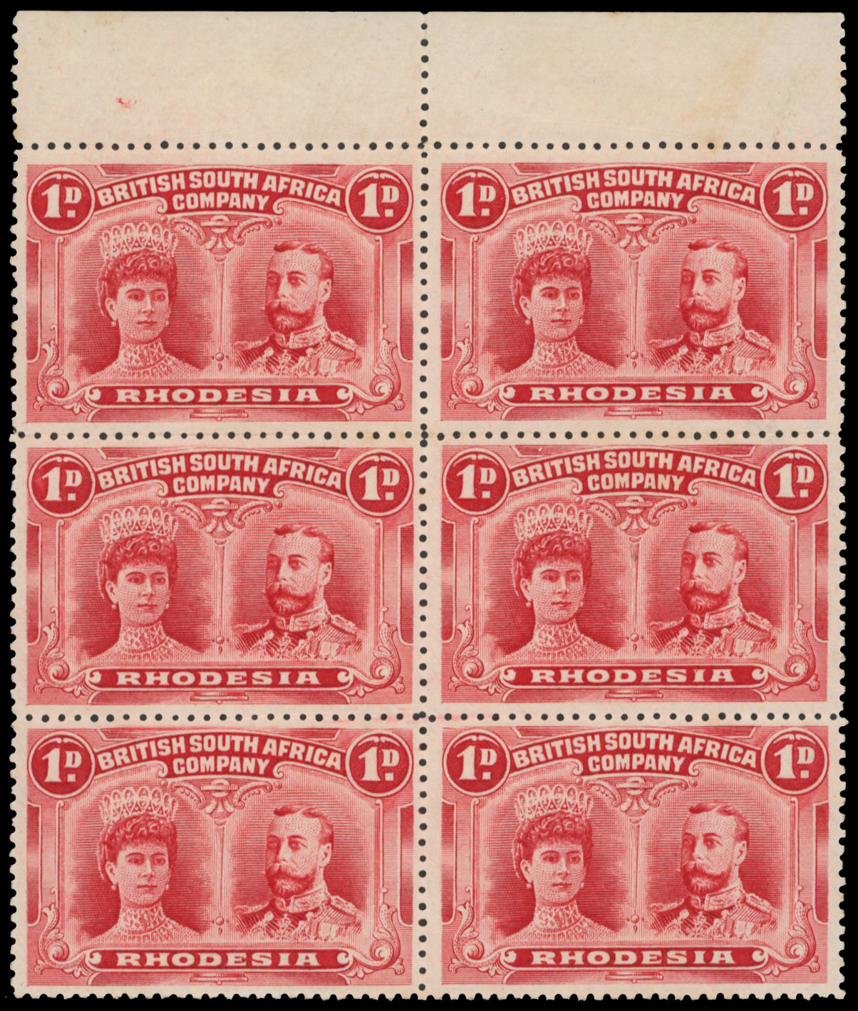 1d carmine-red SG 124 block, positions 3-24A mint