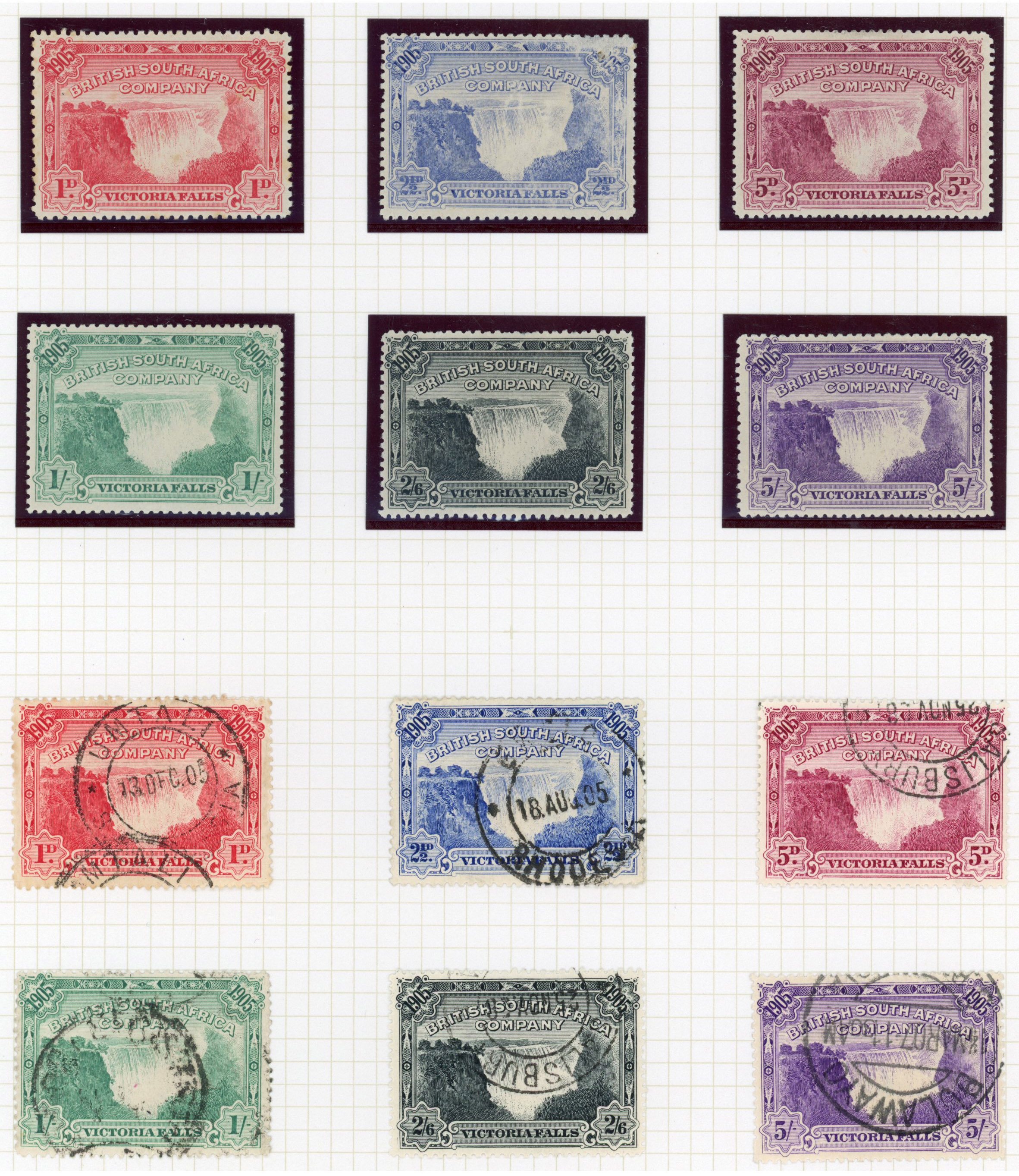 1905 Victoria Falls mint and used to 5s with an additional 5s block of four cto used