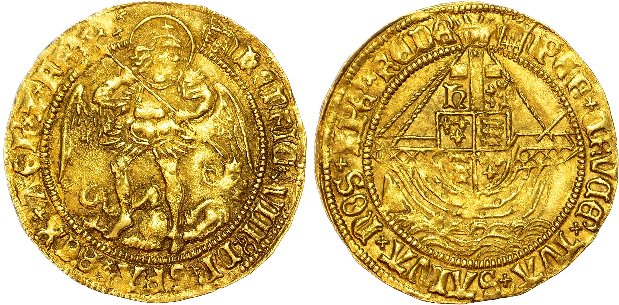 Henry VIII (1509-1547) Angel, first coinage (1509-26), mintmark portcullis crowned both sides.