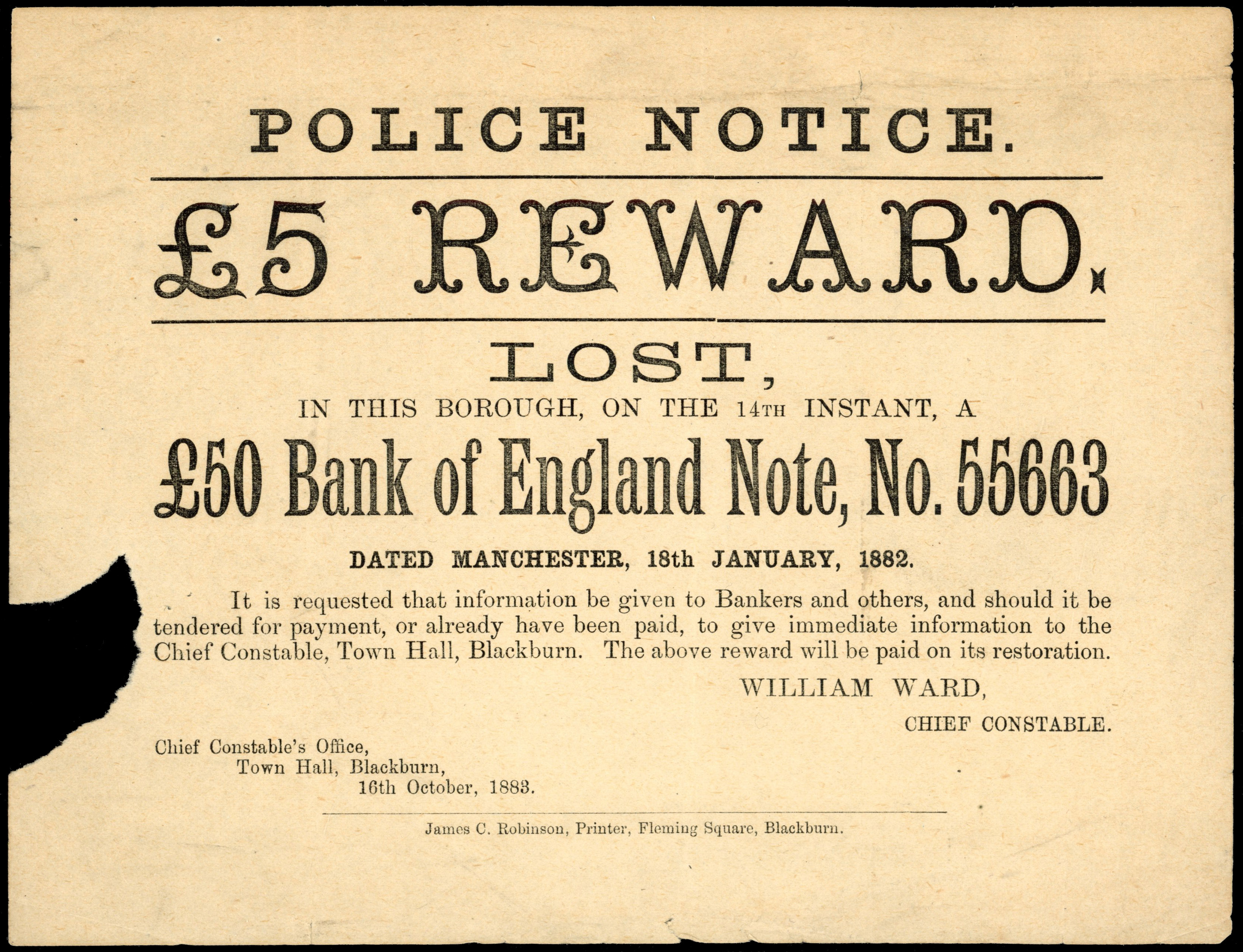 Police Notice for loss of a Bank of England £50.note, Manchester 18 Jan. 1882, and £5reward offered. Chief Con…